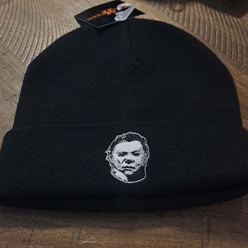 Black Knit Beanie with Embroidered Design